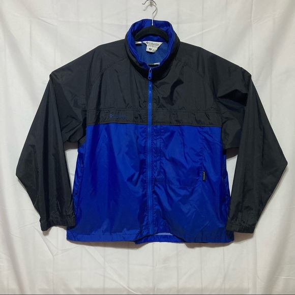 Columbia Windbreaker Jacket Mens XL Black Royal Blue Full Zip Hood Pockets